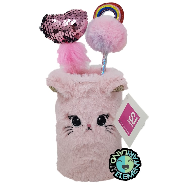 Featured image for “Barattolo PORTAPENNE Gattino SJ in Peluches Rosa + 2 PENNE pom pom”